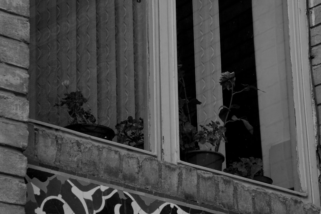 A black and white photo of a window with a clock on it