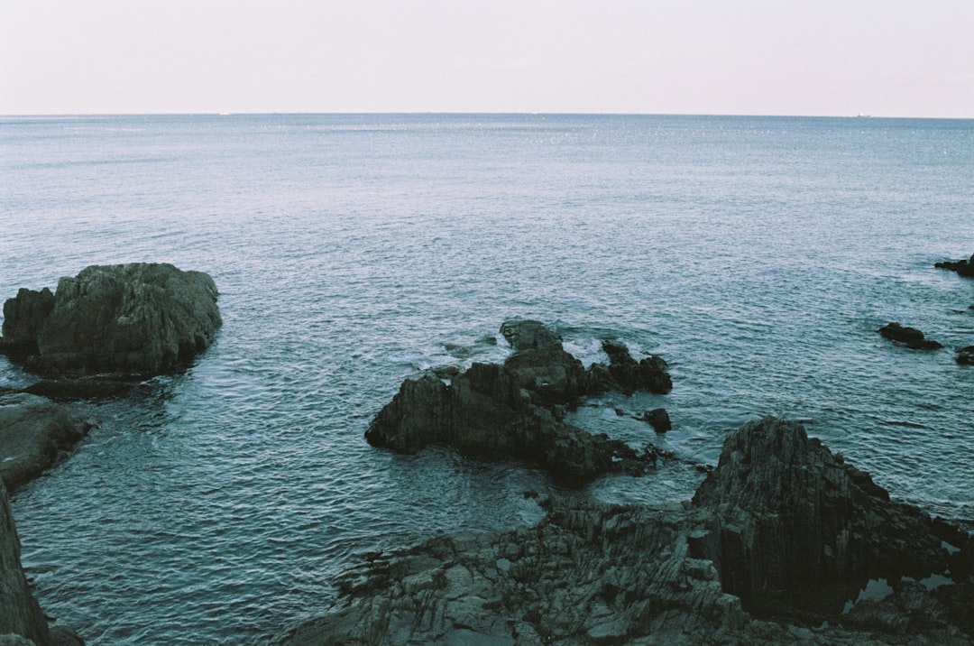 a rocky beach with a body of water in the background
