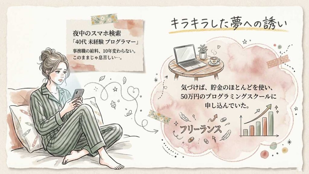 40代女性が深夜に布団の中でスマホで転職情報を検索している様子