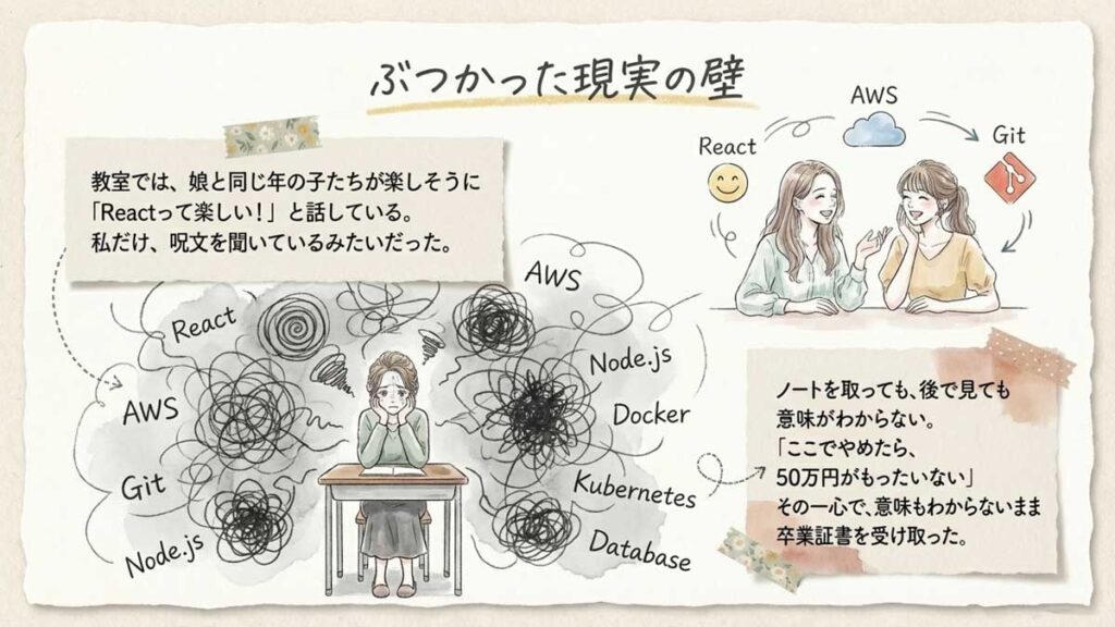 プログラミングスクールで若い受講生に囲まれる40代女性