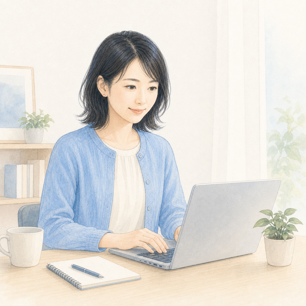 在宅でパソコン作業をする女性の利用者イメージイラスト