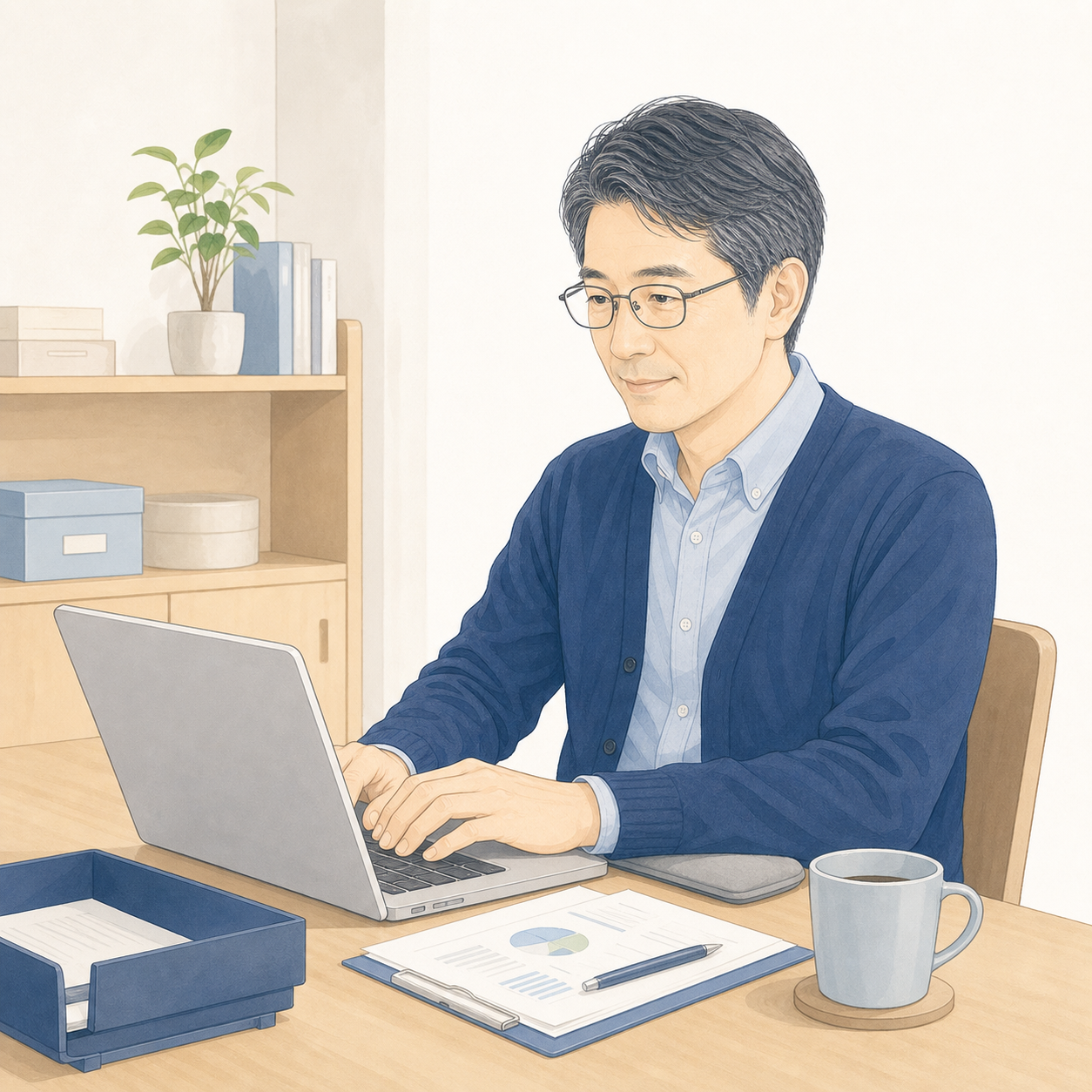 在宅でパソコン作業をする男性の利用者イメージイラスト